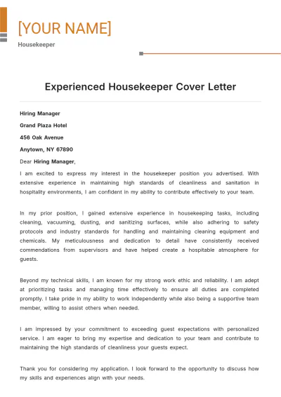 Free Experienced Housekeeper Cover Letter to Edit Online