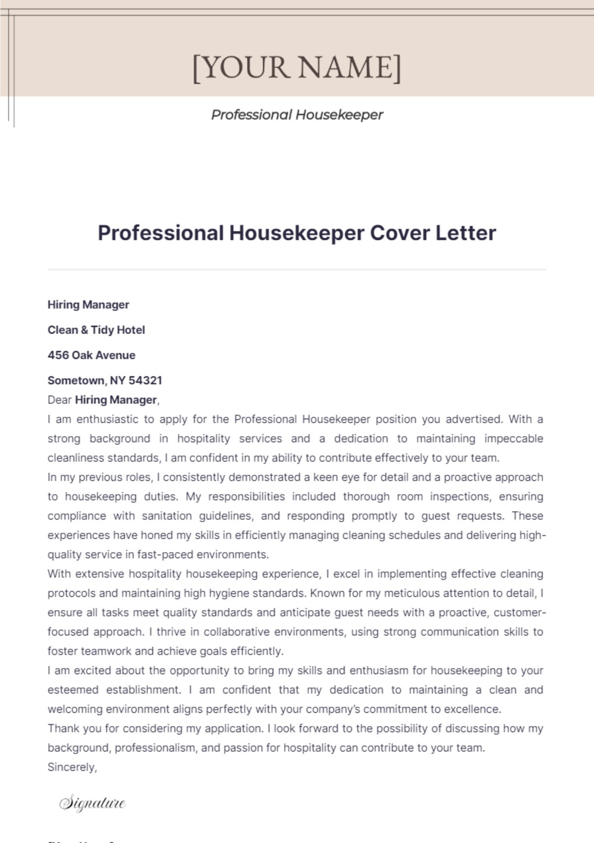 Professional Housekeeper Cover Letter - Edit Online & Download