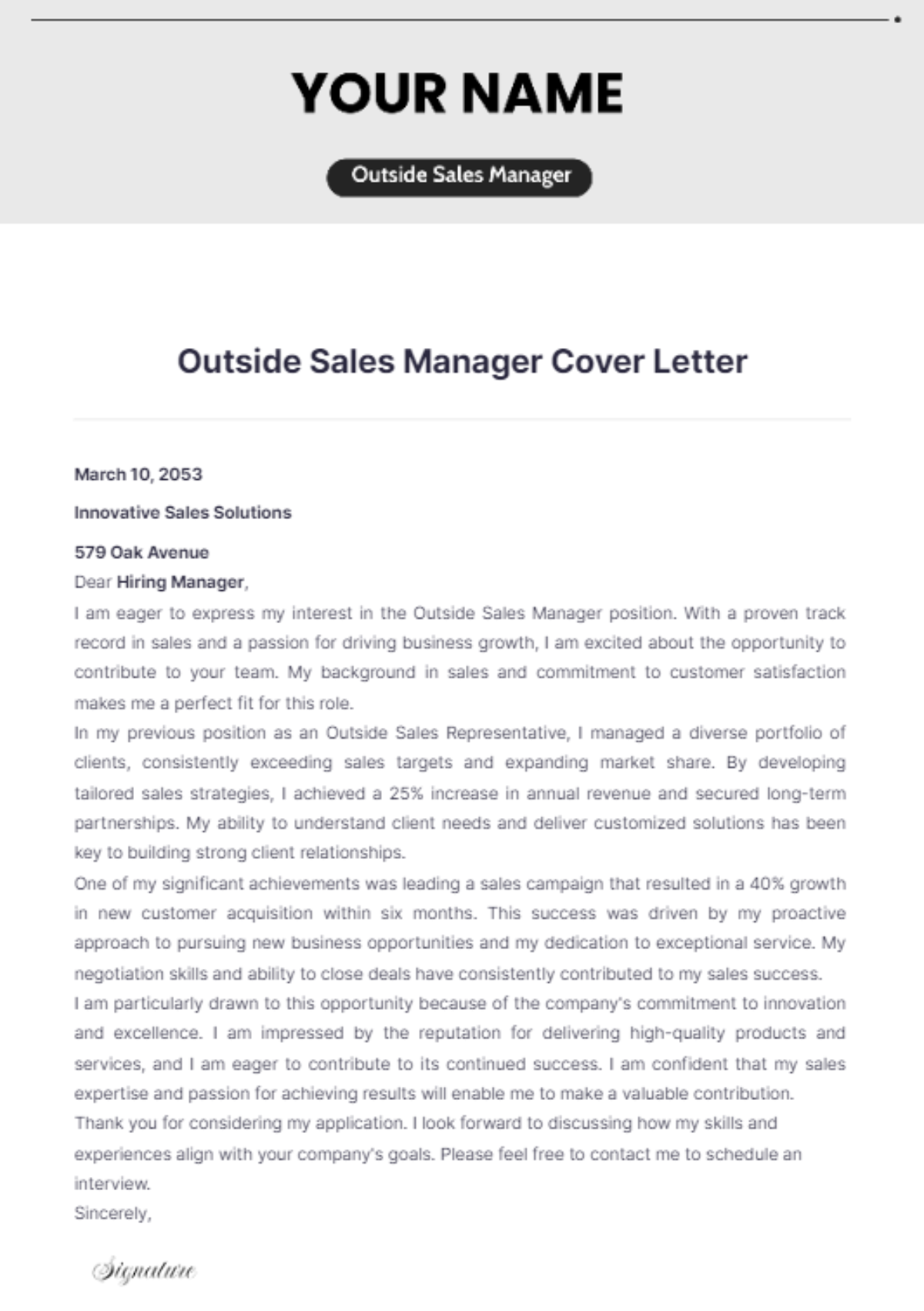 Outside Sales Manager Cover Letter