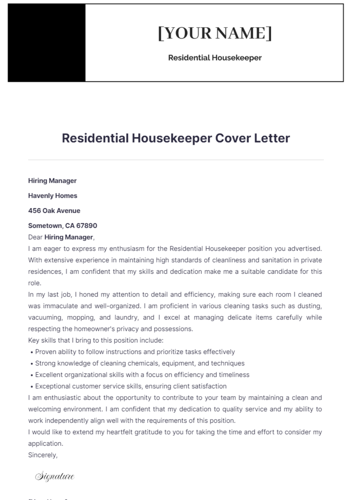 Residential Housekeeper Cover Letter - Edit Online & Download