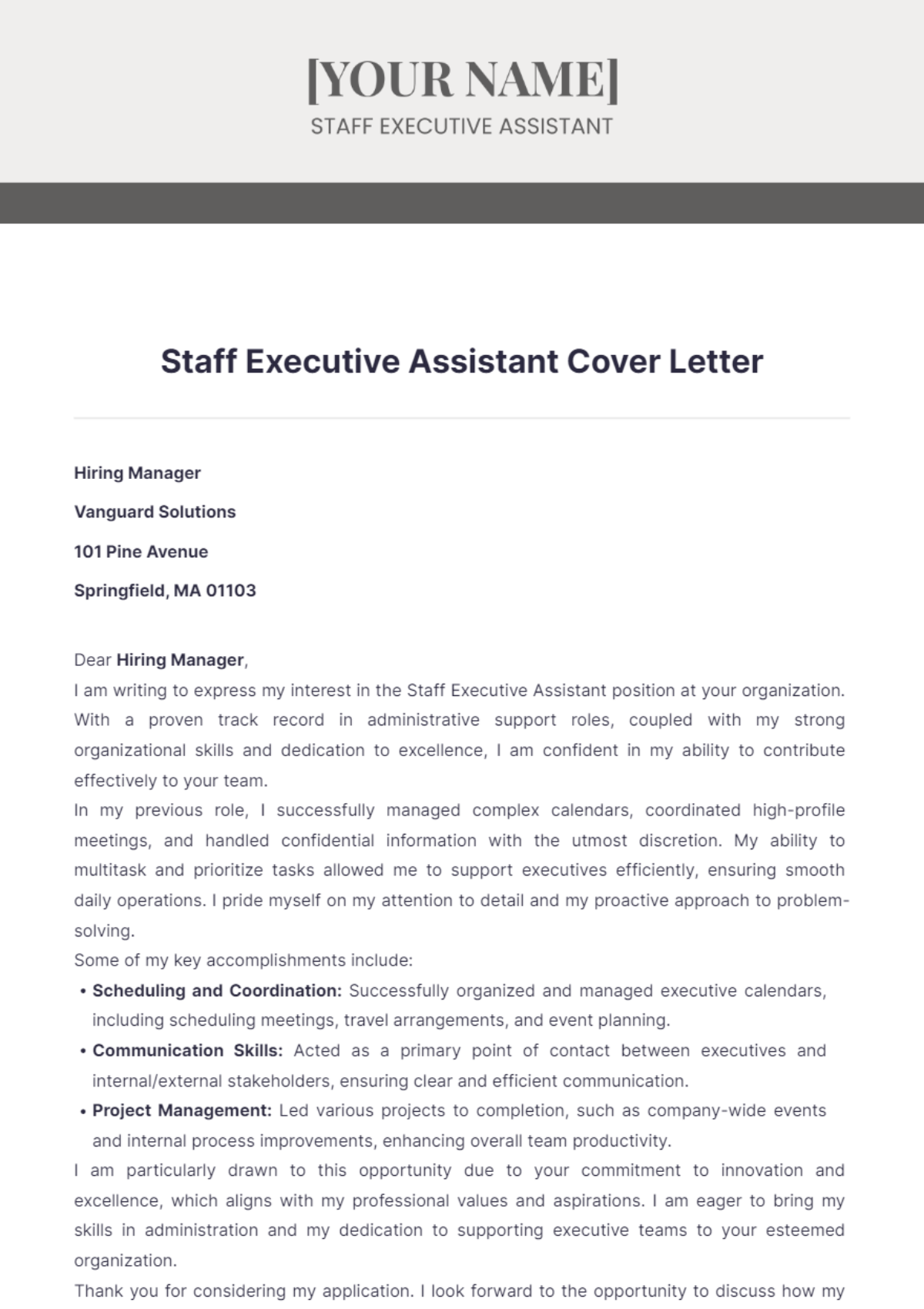 Staff Executive Assistant Cover Letter - Edit Online & Download