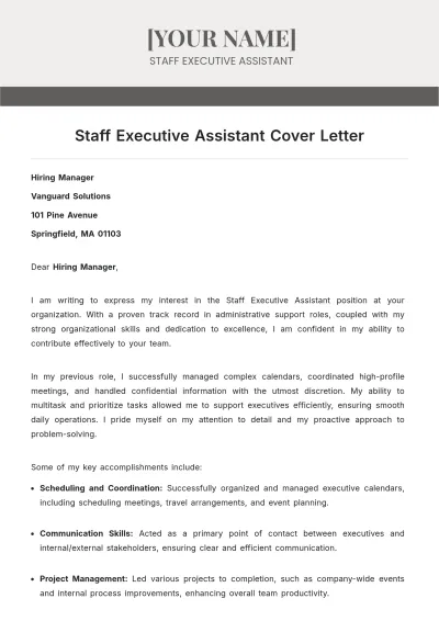 Free Staff Executive Assistant Cover Letter to Edit Online