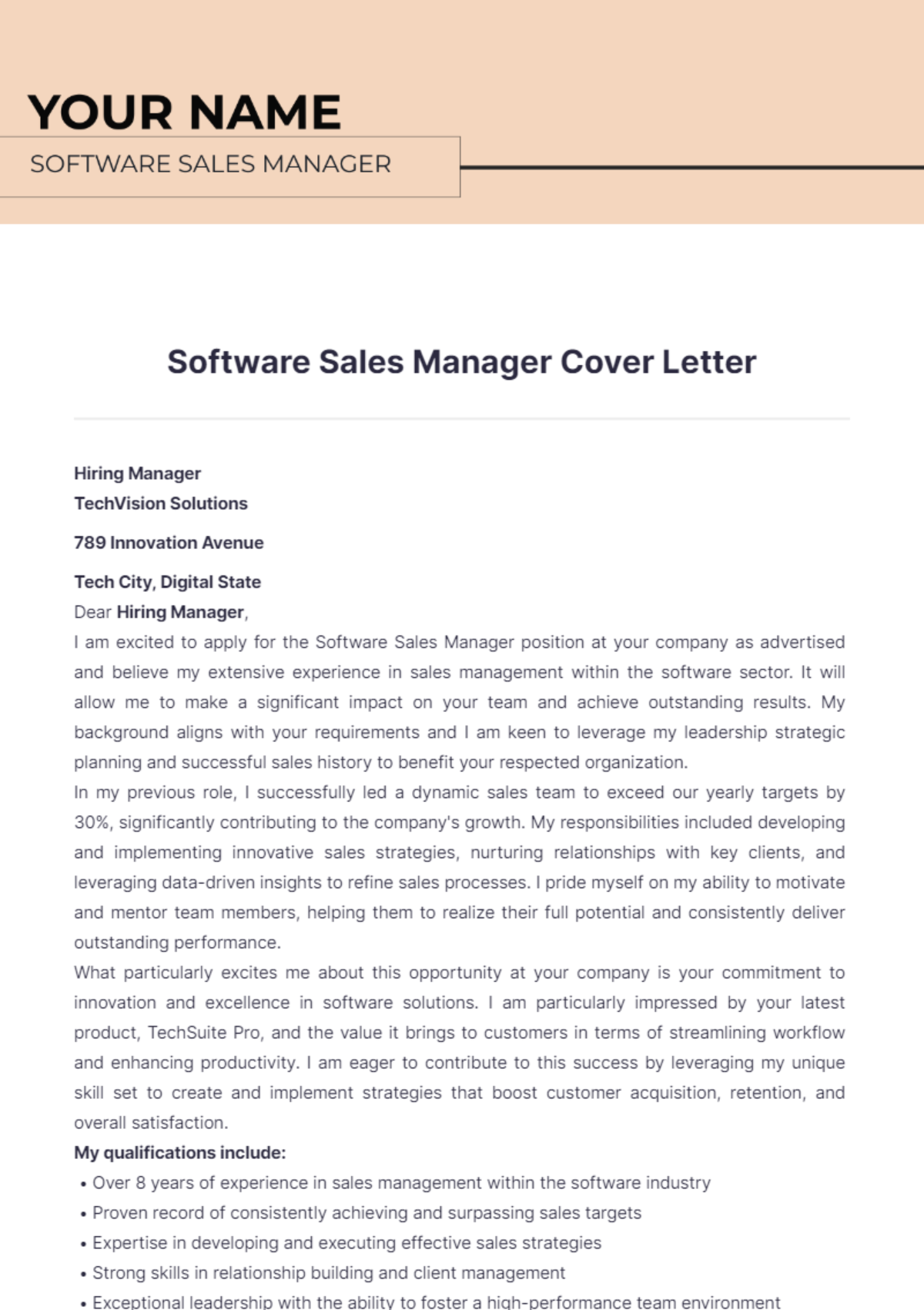 Software Sales Manager Cover Letter