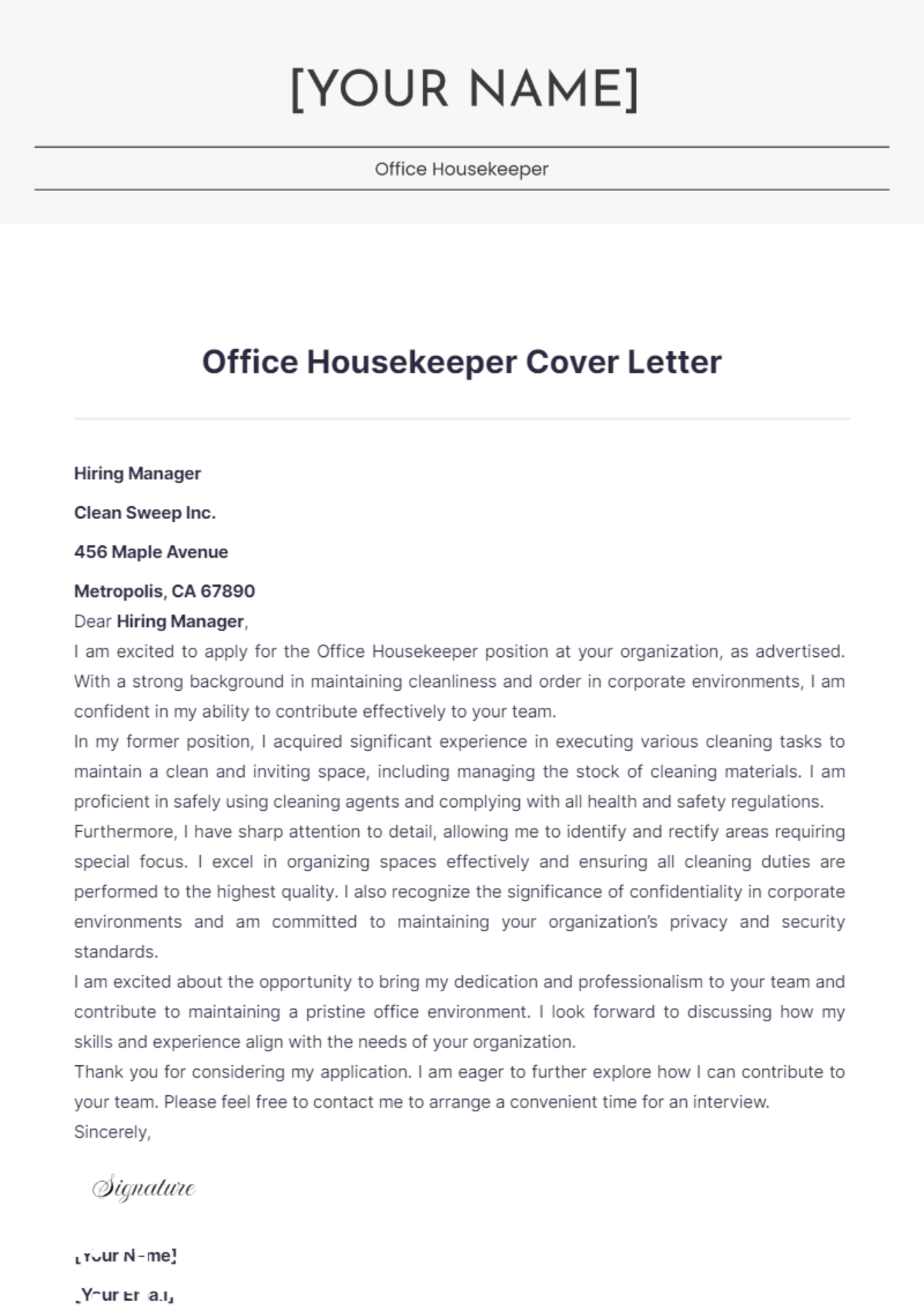 Office Housekeeper Cover Letter - Edit Online & Download