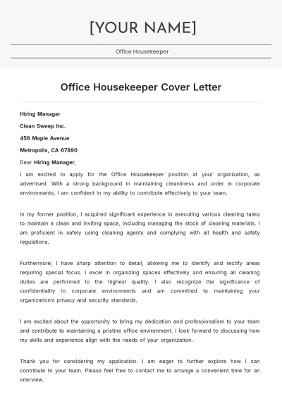 Free Office Housekeeper Cover Letter to Edit Online