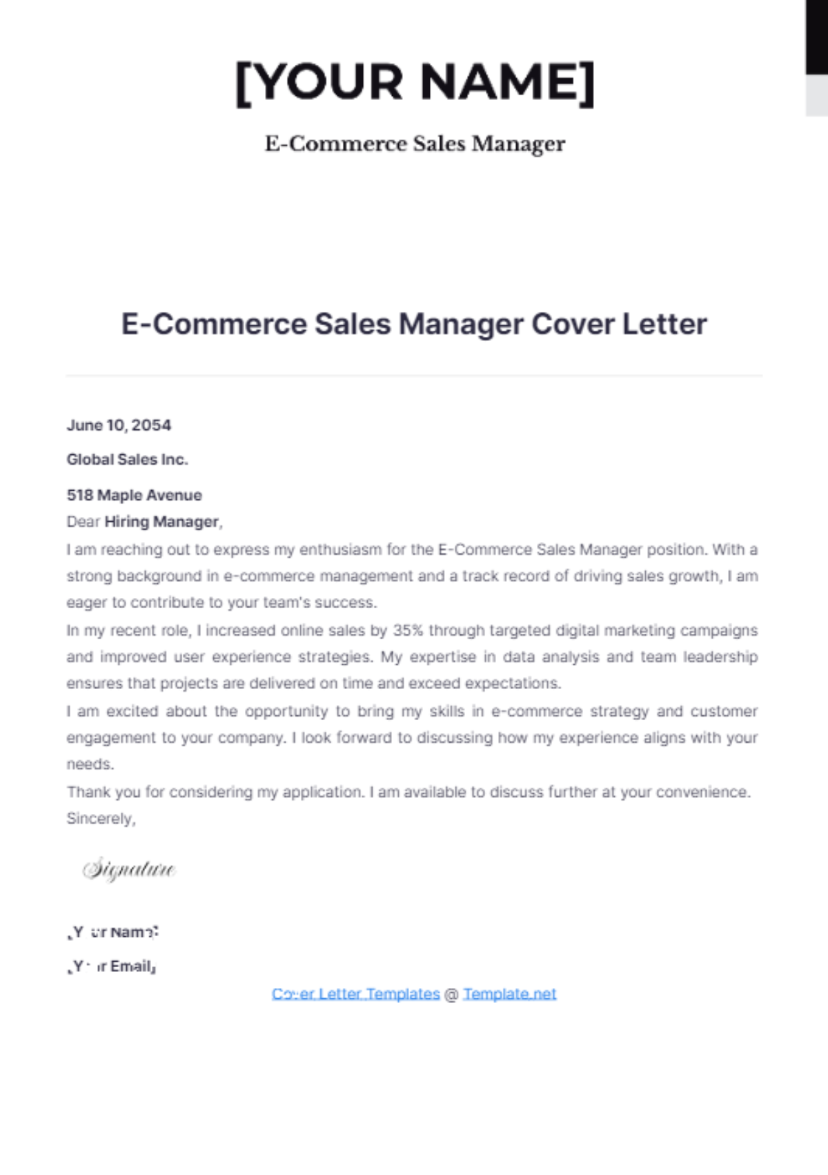 E-Commerce Sales Manager Cover Letter