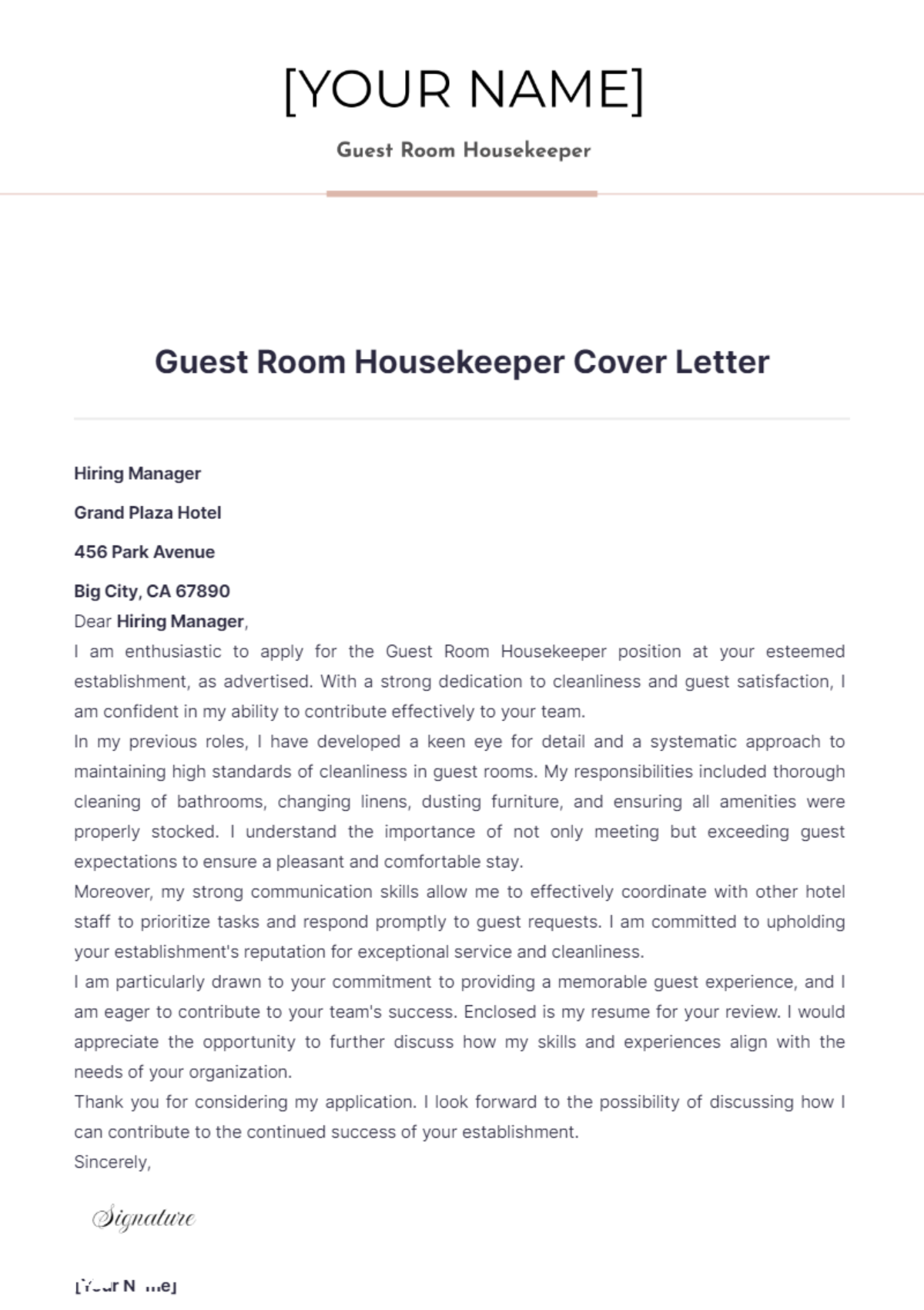 Guest Room Housekeeper Cover Letter - Edit Online & Download