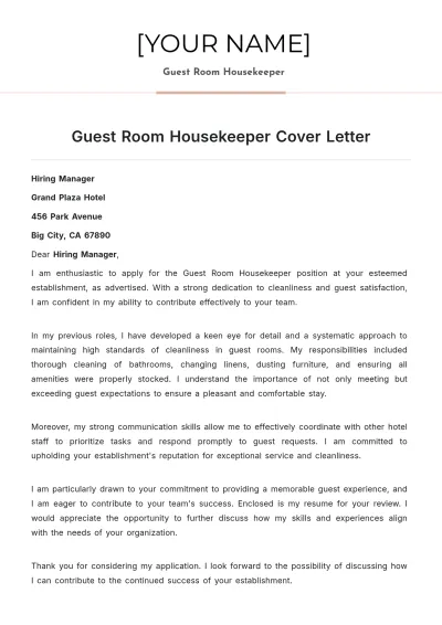 Free Guest Room Housekeeper Cover Letter to Edit Online