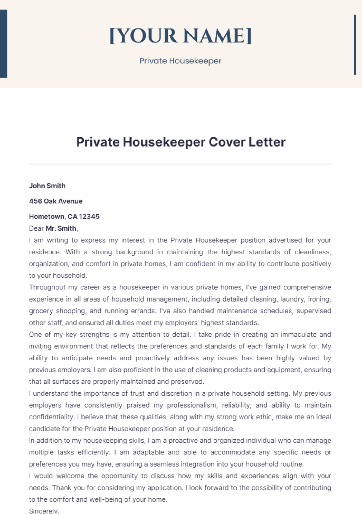 Private Housekeeper Cover Letter - Edit Online & Download