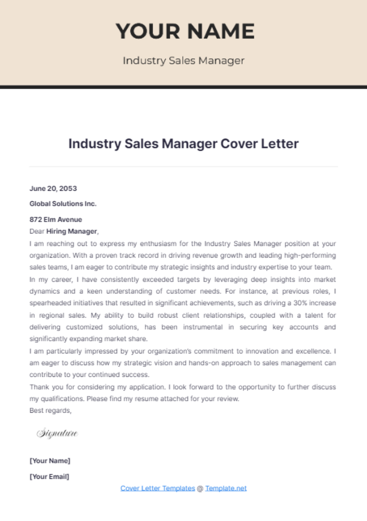 Industry Sales Manager Cover Letter