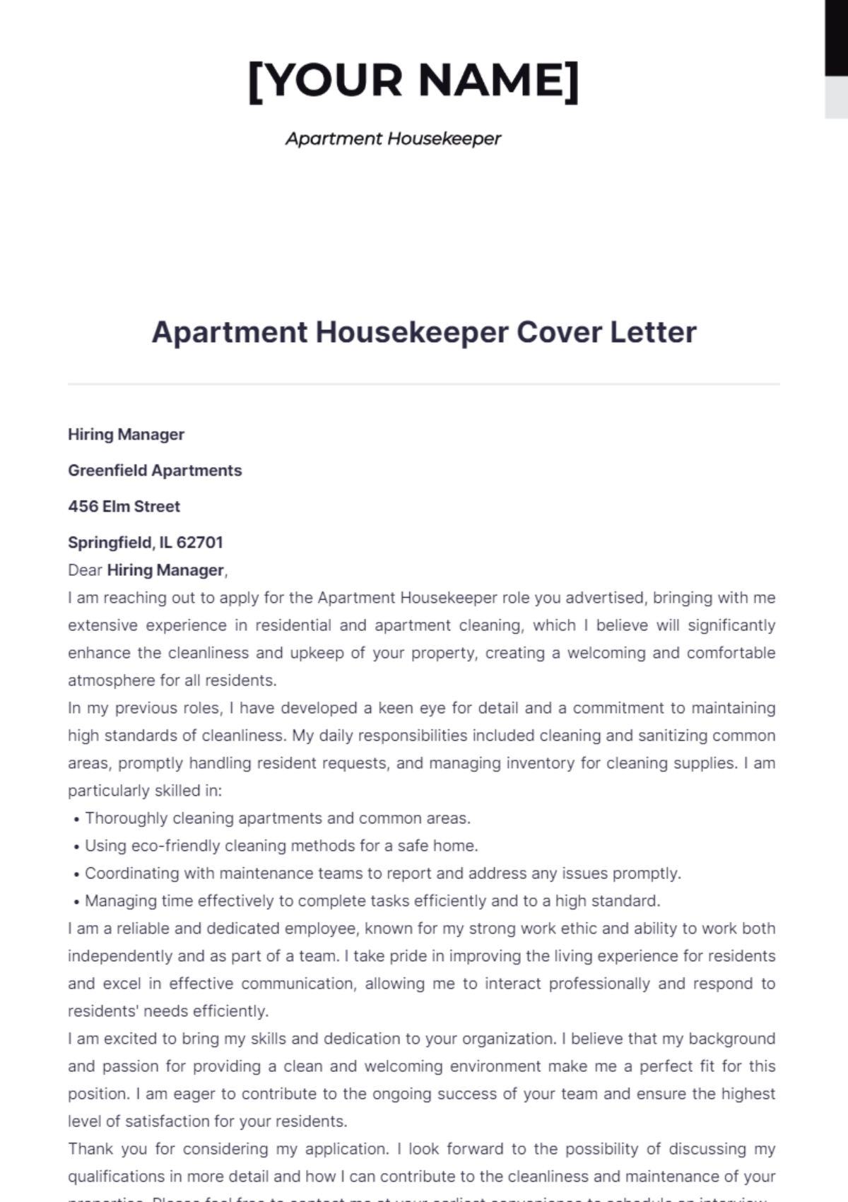 Apartment Housekeeper Cover Letter | Template.net