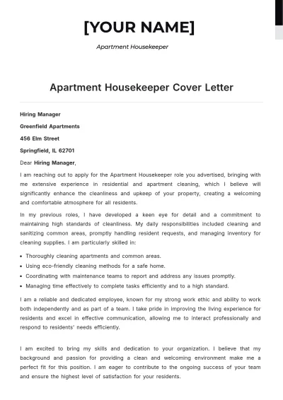 Free Apartment Housekeeper Cover Letter to Edit Online