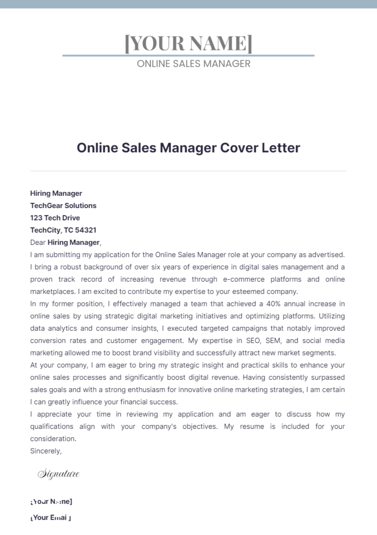 Online Sales Manager Cover Letter