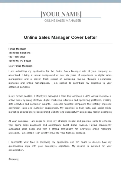 Free Online Sales Manager Cover Letter to Edit Online