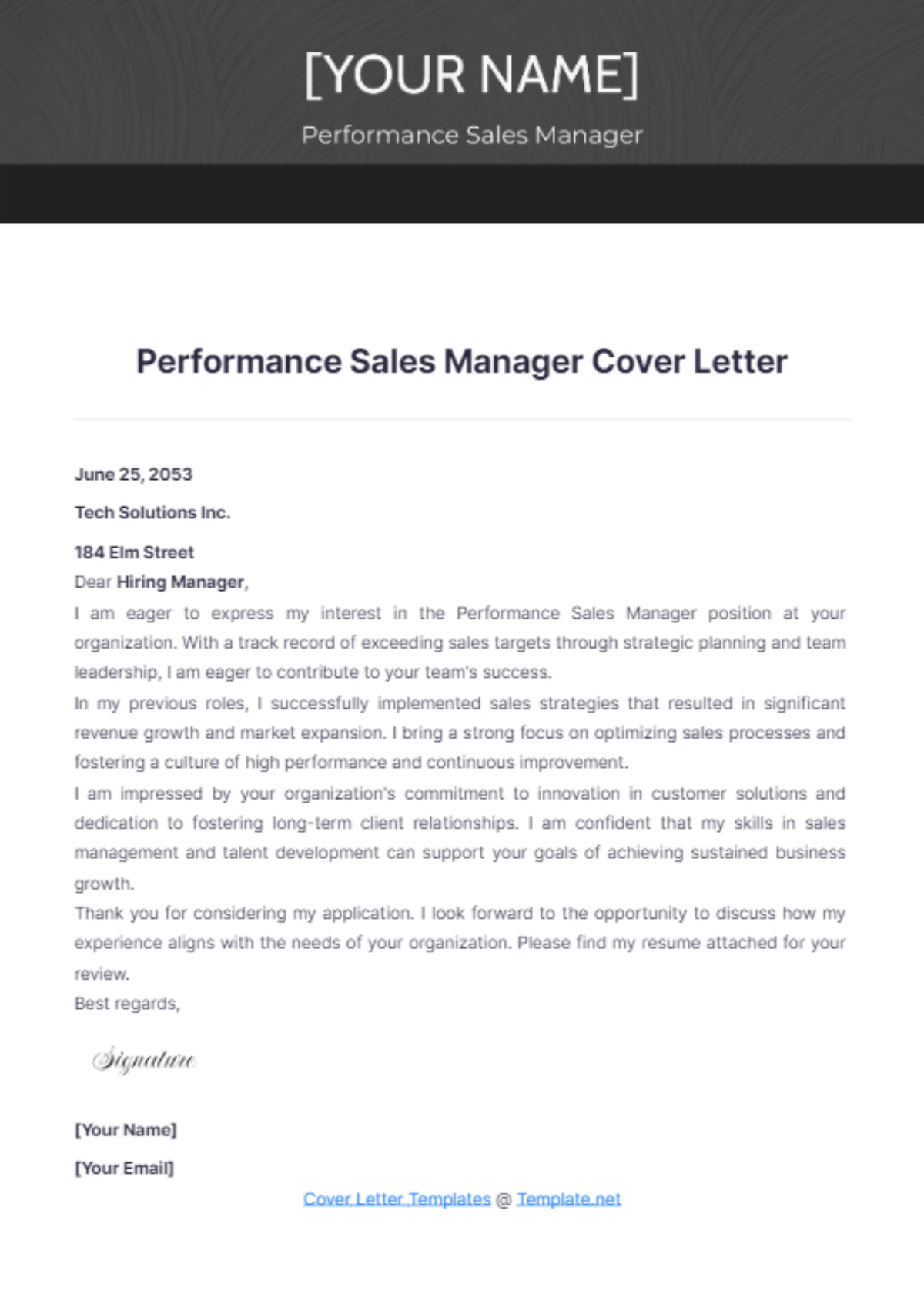 Performance Sales Manager Cover Letter - Edit Online & Download