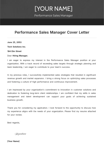 Free Performance Sales Manager Cover Letter to Edit Online