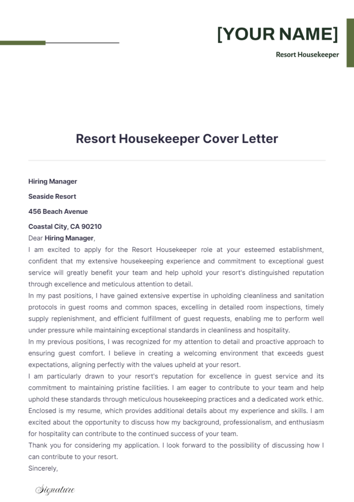 Resort Housekeeper Cover Letter - Edit Online & Download