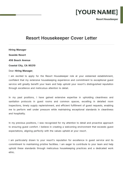 Free Resort Housekeeper Cover Letter to Edit Online