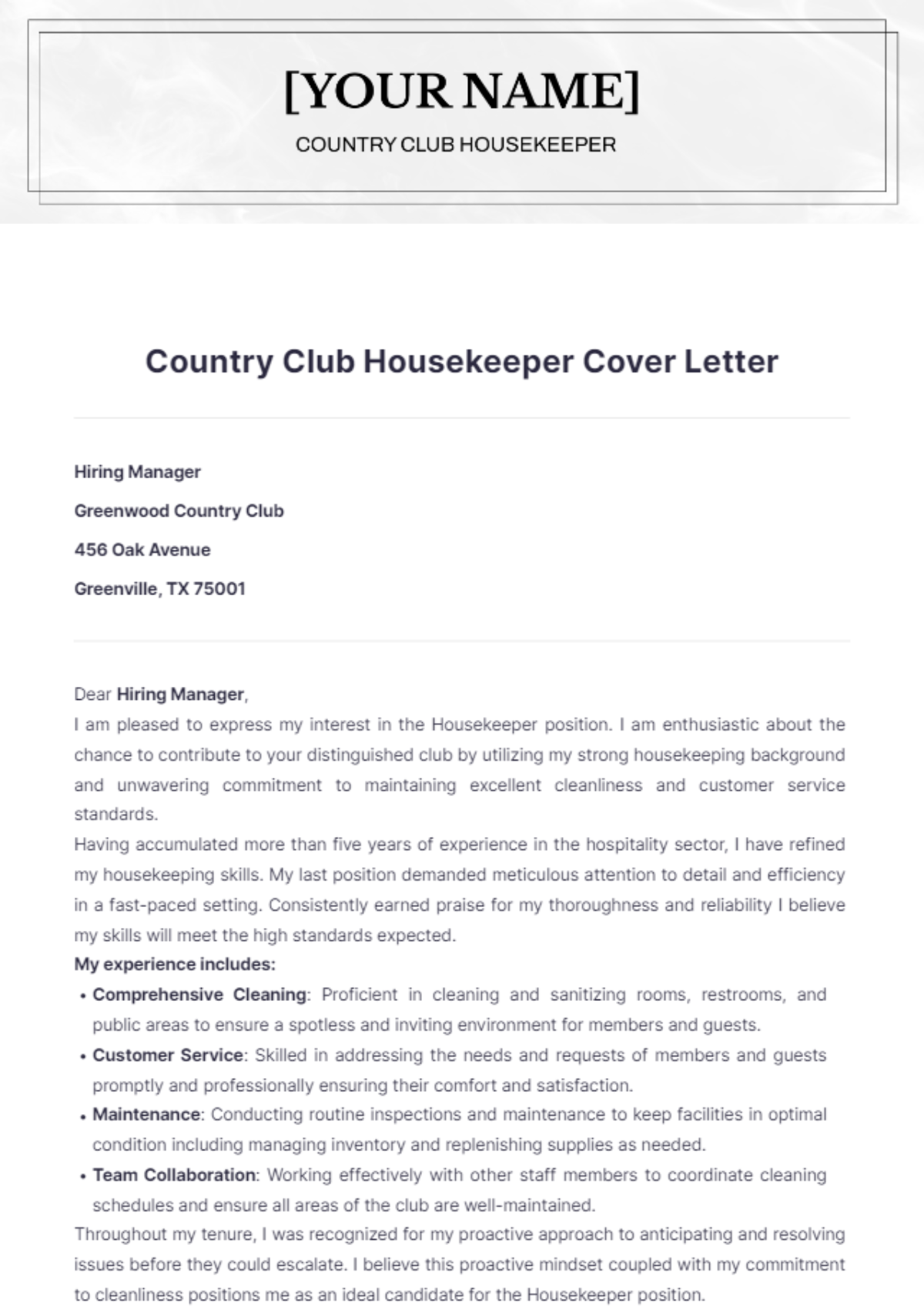 Country Club Housekeeper Cover Letter - Edit Online & Download