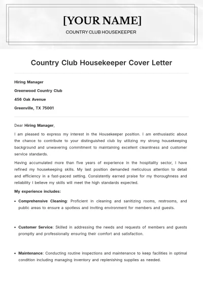 Free Country Club Housekeeper Cover Letter to Edit Online