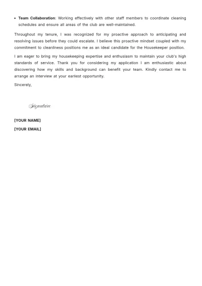 Free Country Club Housekeeper Cover Letter to Edit Online