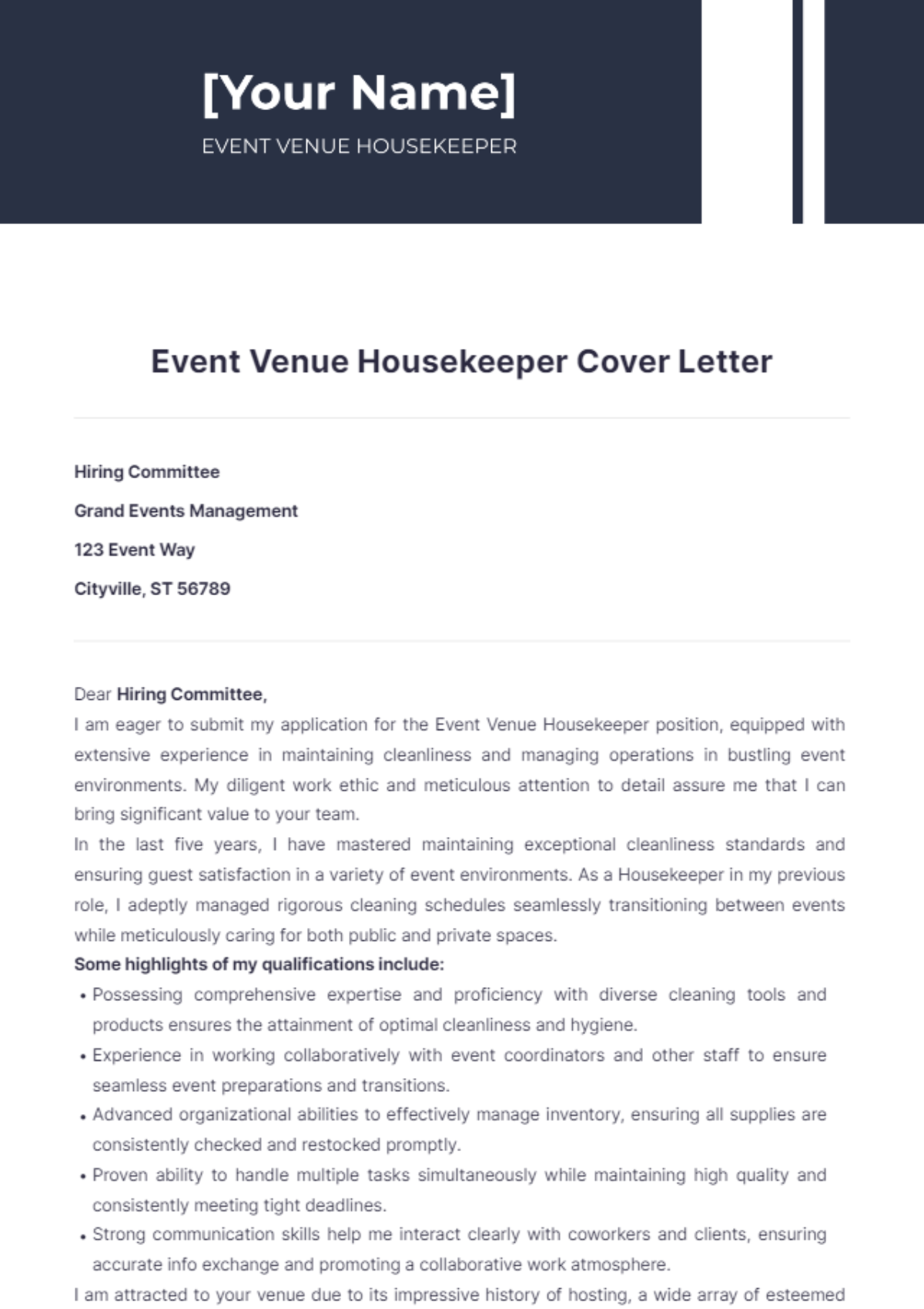 Event Venue Housekeeper Cover Letter - Edit Online & Download