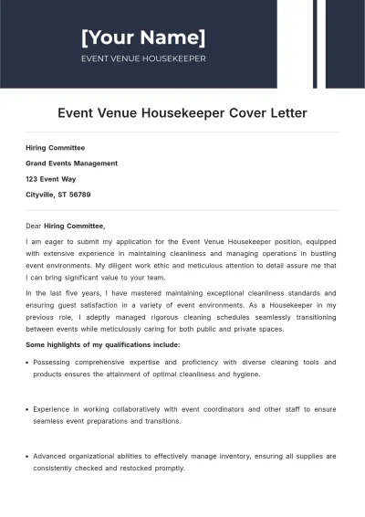 Free Event Venue Housekeeper Cover Letter to Edit Online
