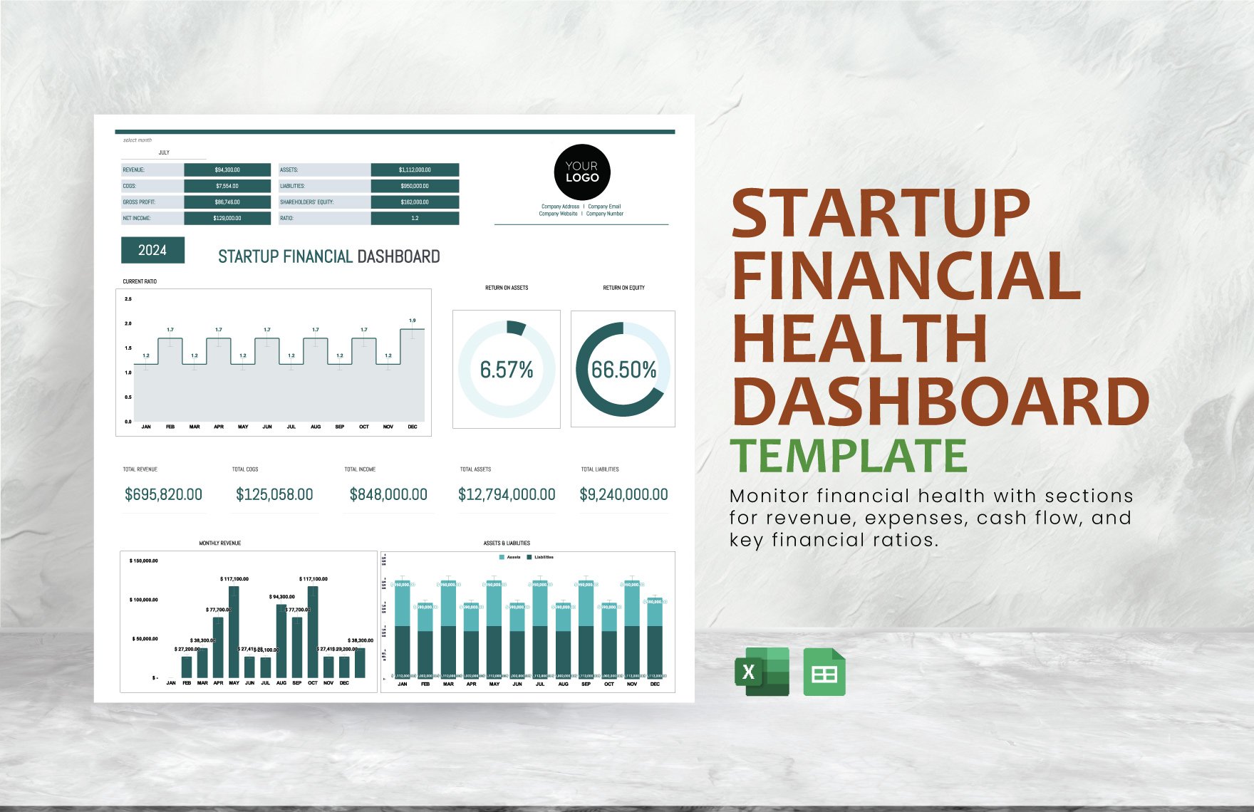 Startup Financial Health Dashboard Template in Excel, Google Sheets