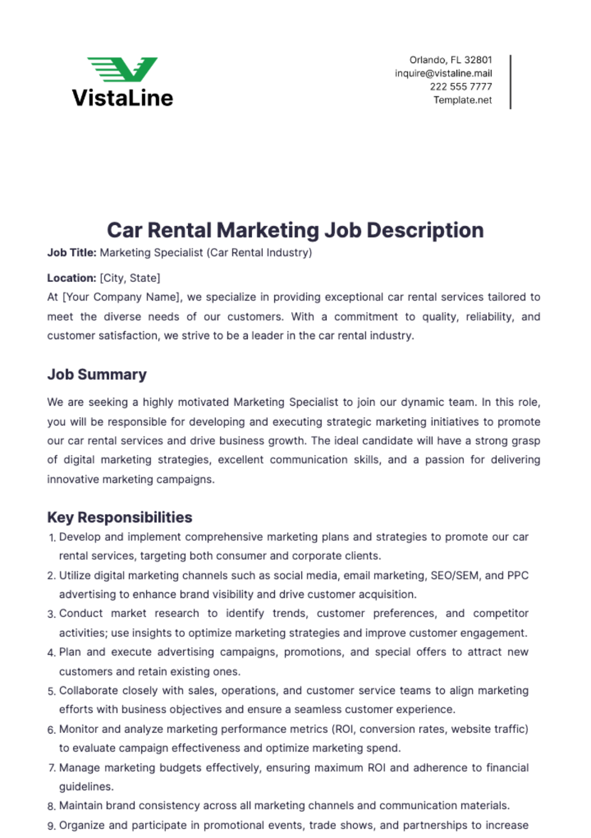 Car Rental Marketing Job Description Template - Edit Online & Download