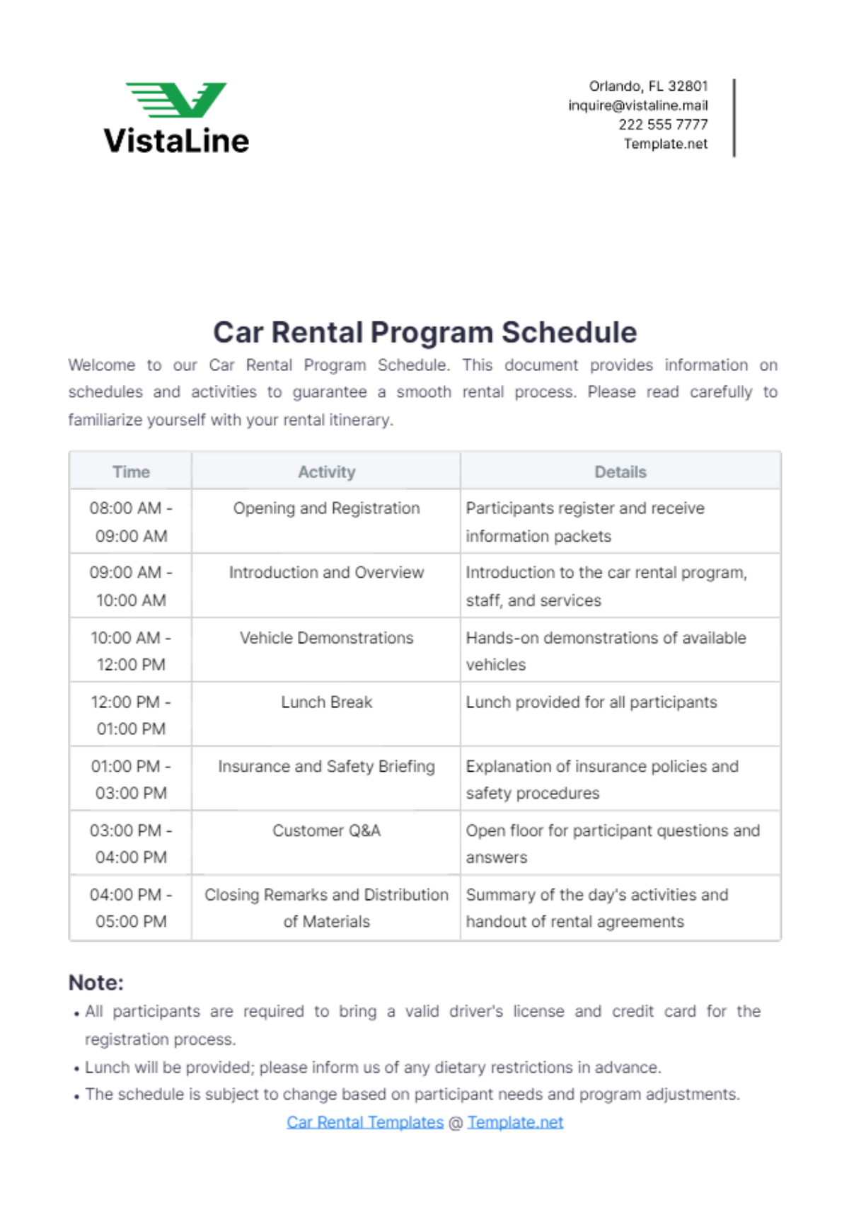 Car Rental Program Schedule Template - Edit Online & Download