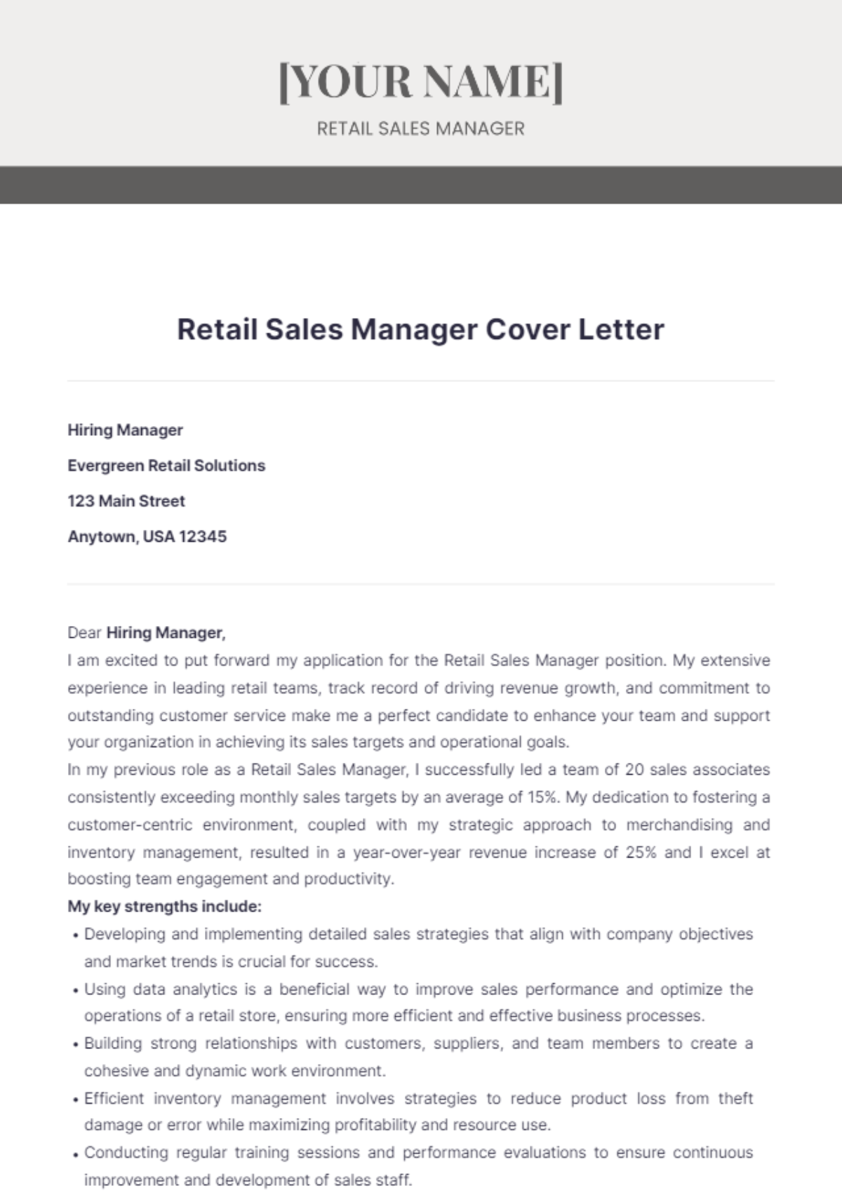 Retail Sales Manager Cover Letter - Edit Online & Download