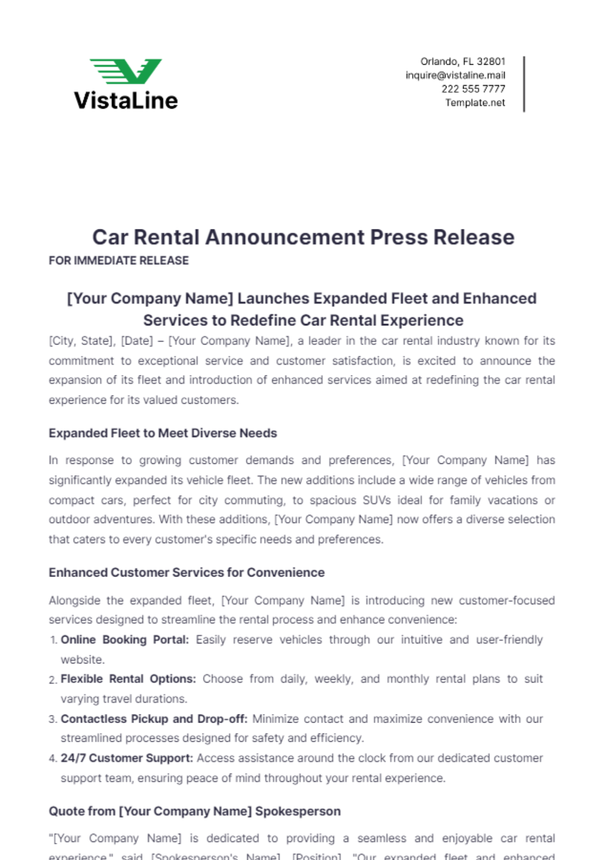 Free Car Rental Announcement Press Release Template