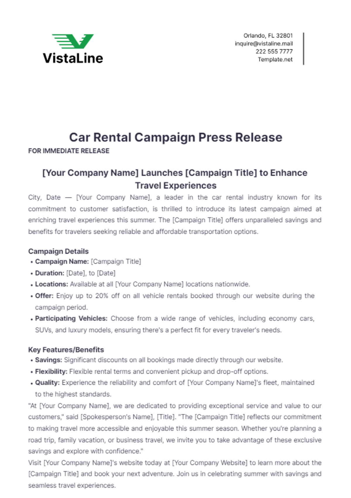 Car Rental Campaign Press Release Template - Edit Online & Download