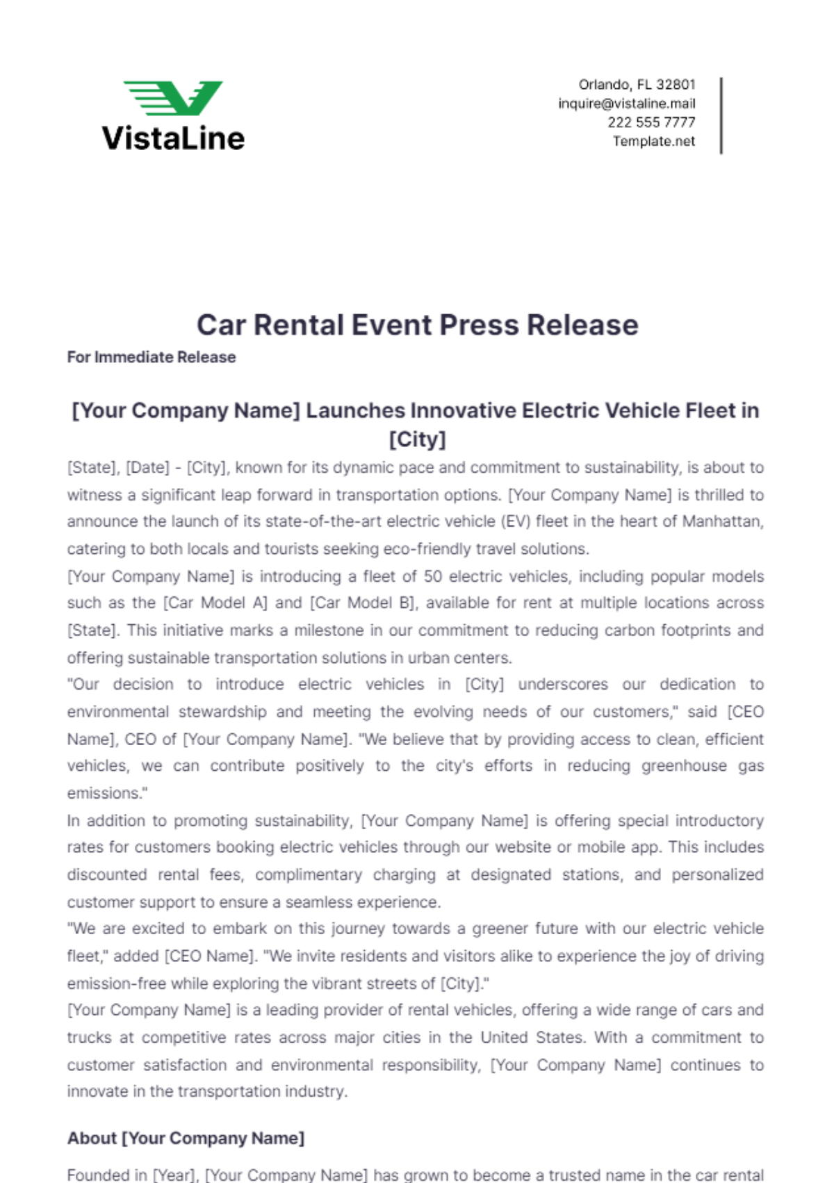 Car Rental Event Press Release Template - Edit Online & Download