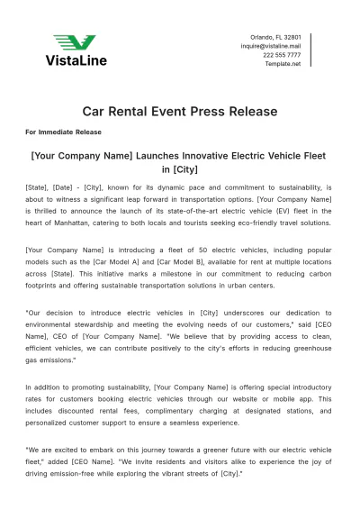 Free Car Rental Event Press Release Template to Edit Online
