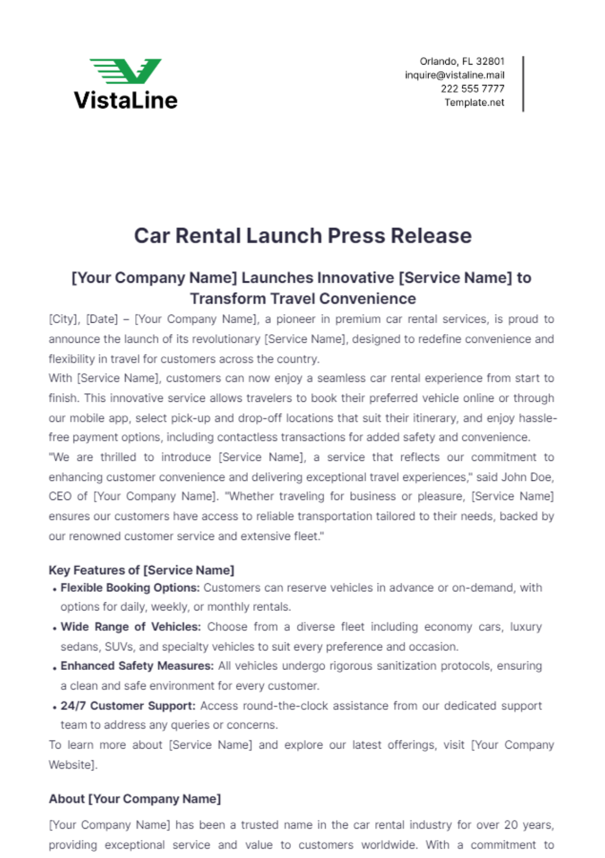 Car Rental Launch Press Release Template - Edit Online & Download