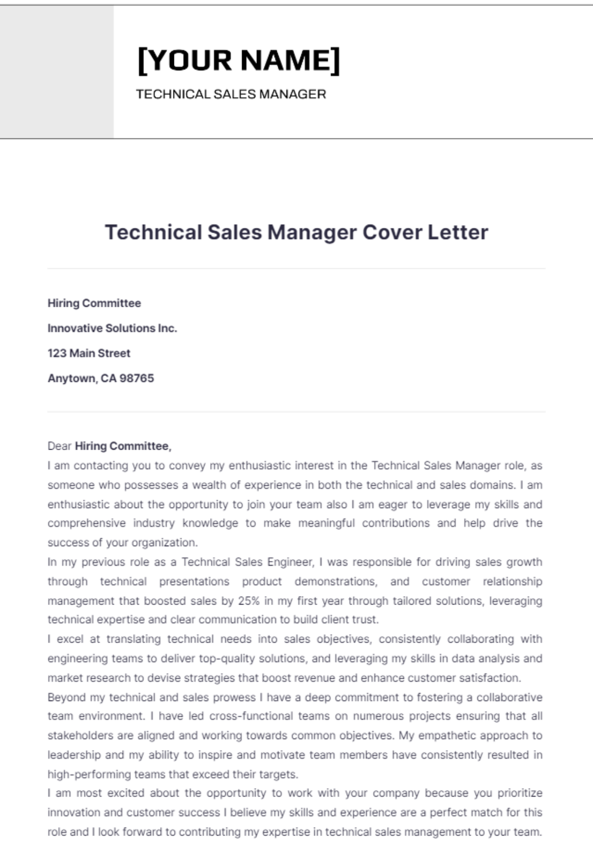 Technical Sales Manager Cover Letter - Edit Online & Download