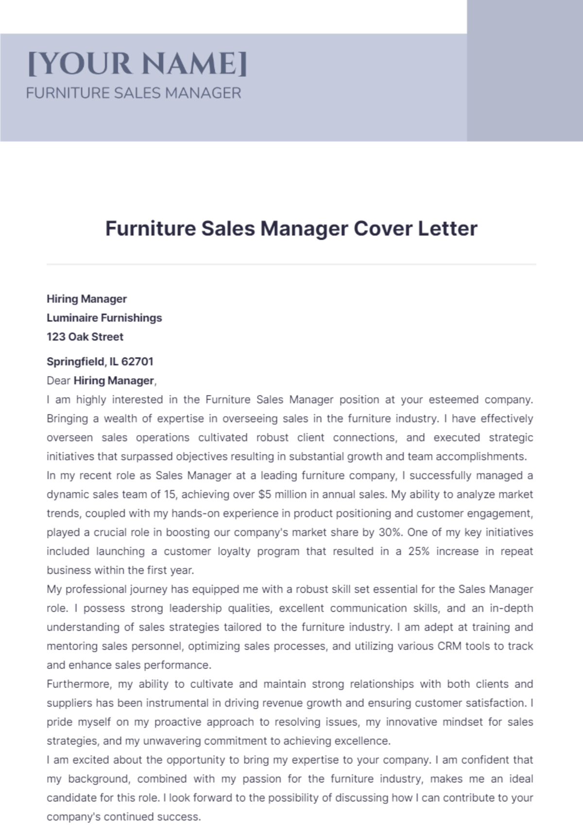 Furniture Sales Manager Cover Letter - Edit Online & Download