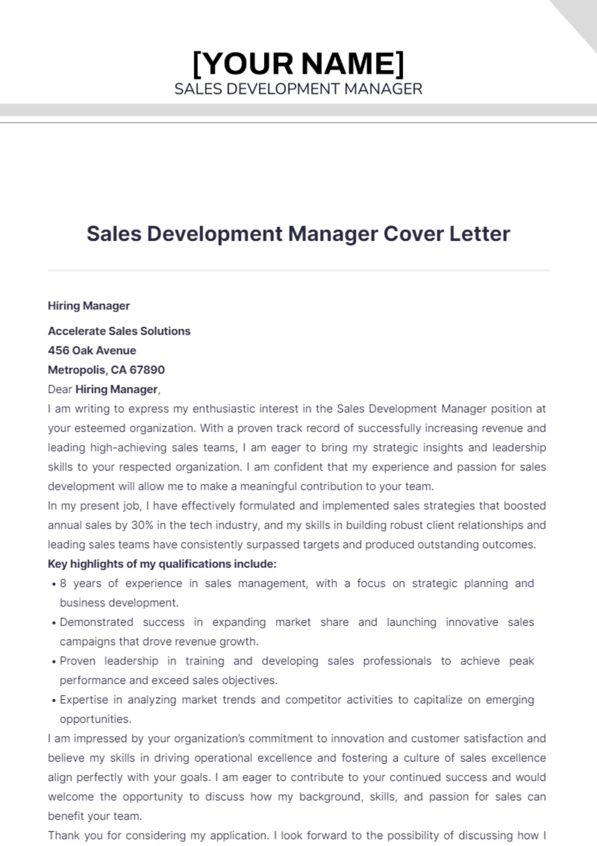 Sales Development Manager Cover Letter - Edit Online & Download