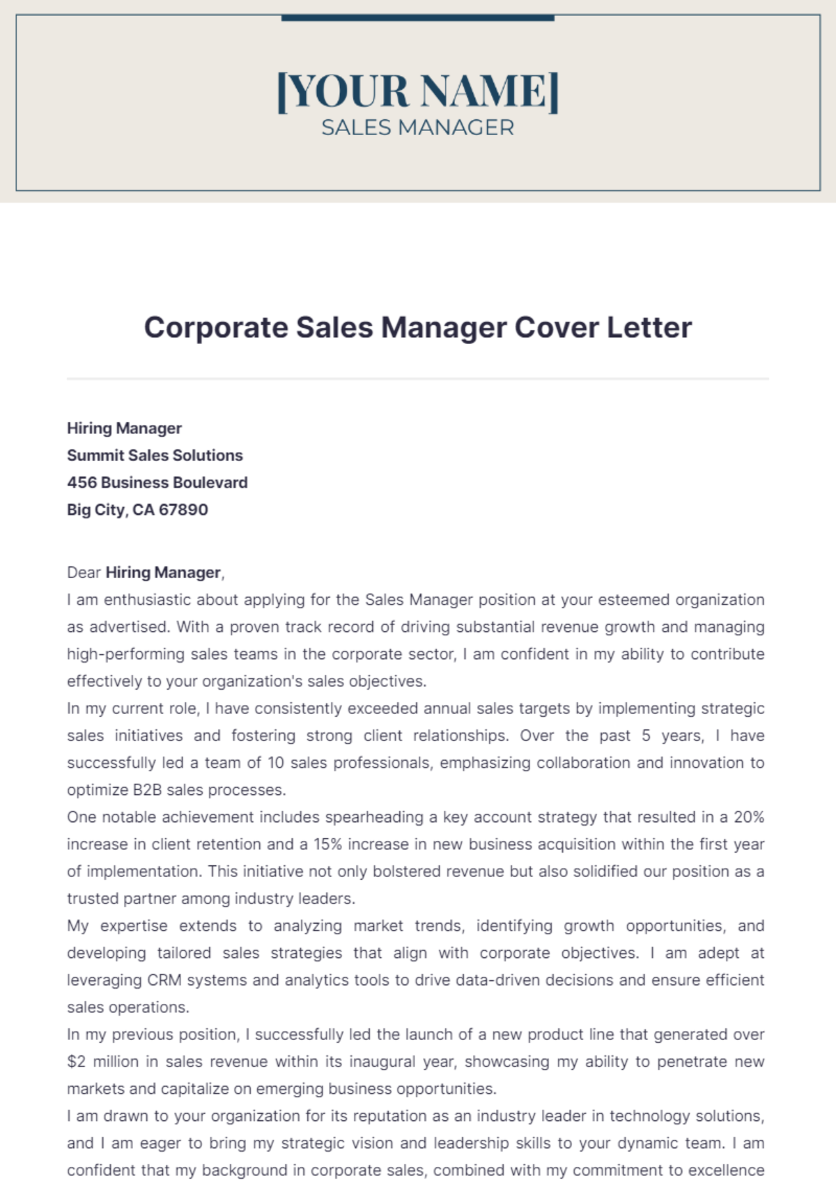 Corporate Sales Manager Cover Letter