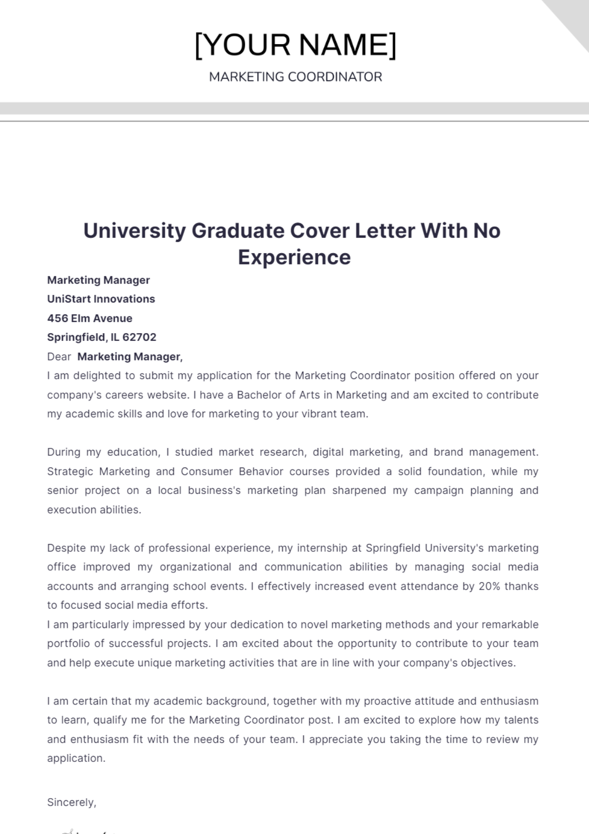 University Graduate Cover Letter With No Experience - Edit Online & Download