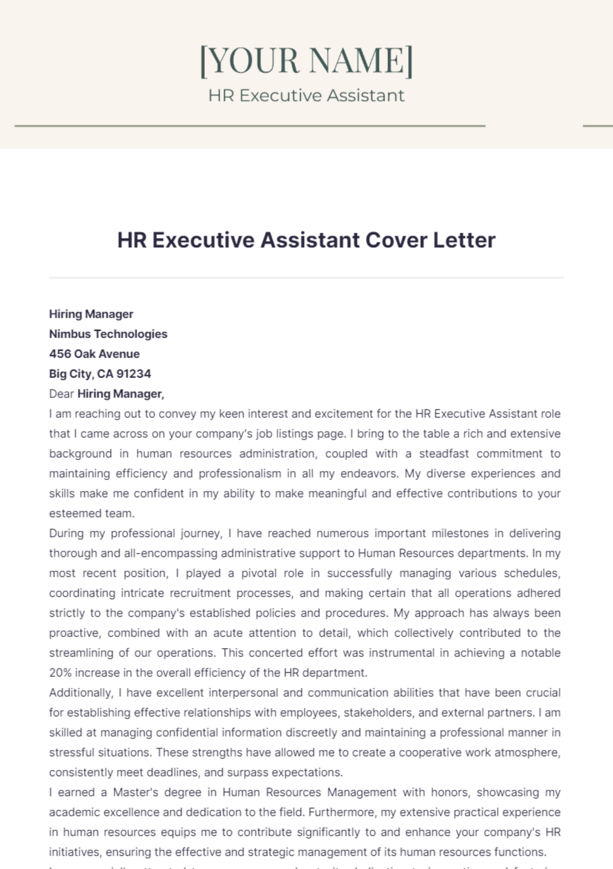 HR Executive Assistant Cover Letter - Edit Online & Download