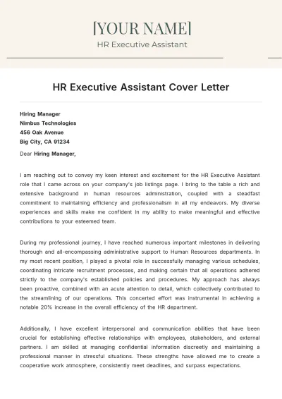 Free HR Executive Assistant Cover Letter to Edit Online