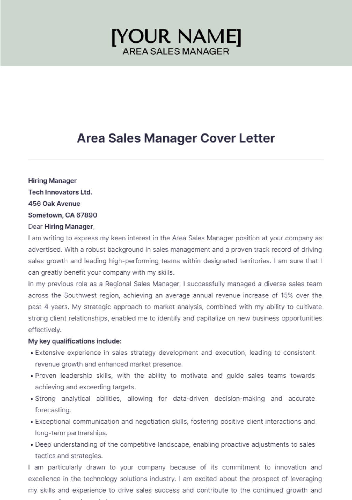 Area Sales Manager Cover Letter - Edit Online & Download