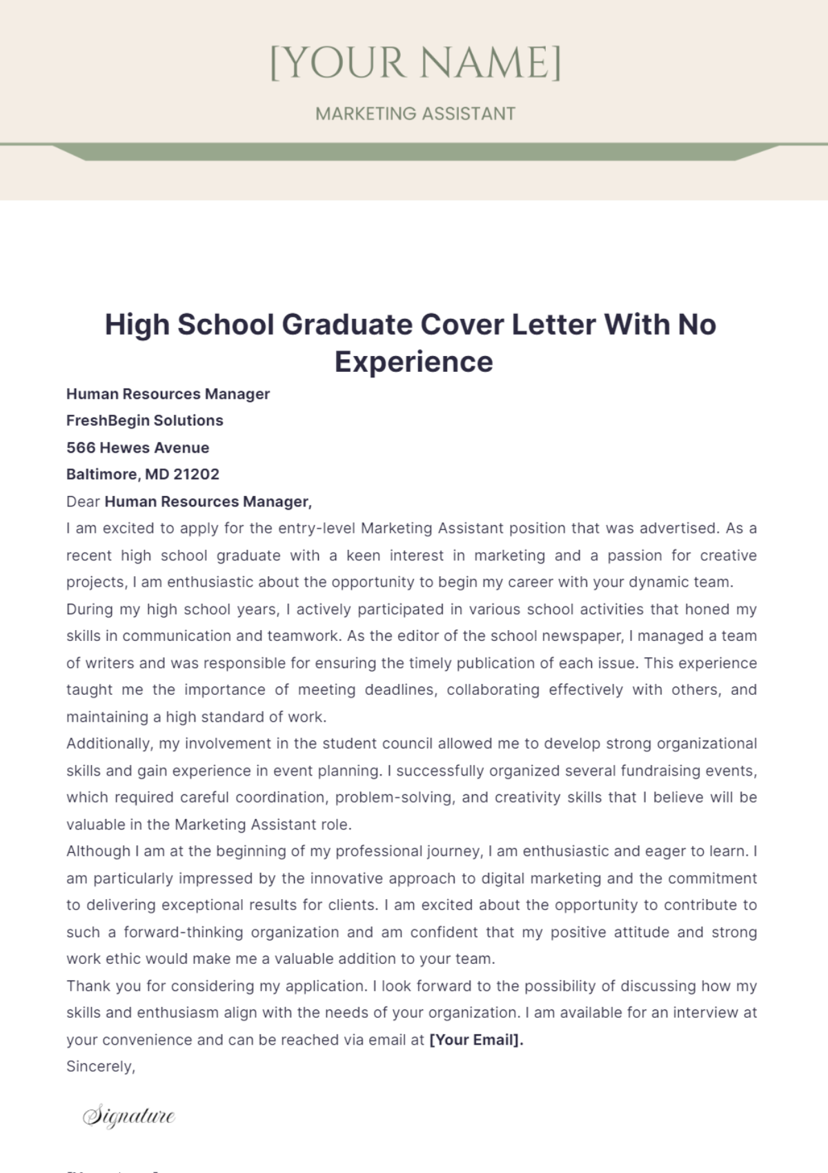 High School Graduate Cover Letter With No Experience - Edit Online & Download