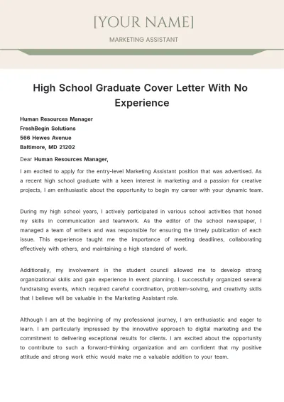 Free High School Graduate Cover Letter With No Experience to Edit Online