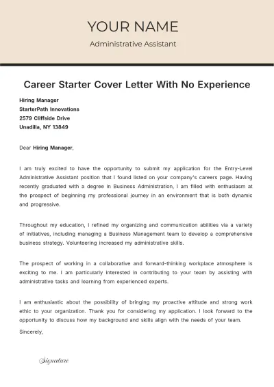 Free Career Starter Cover Letter With No Experience to Edit Online
