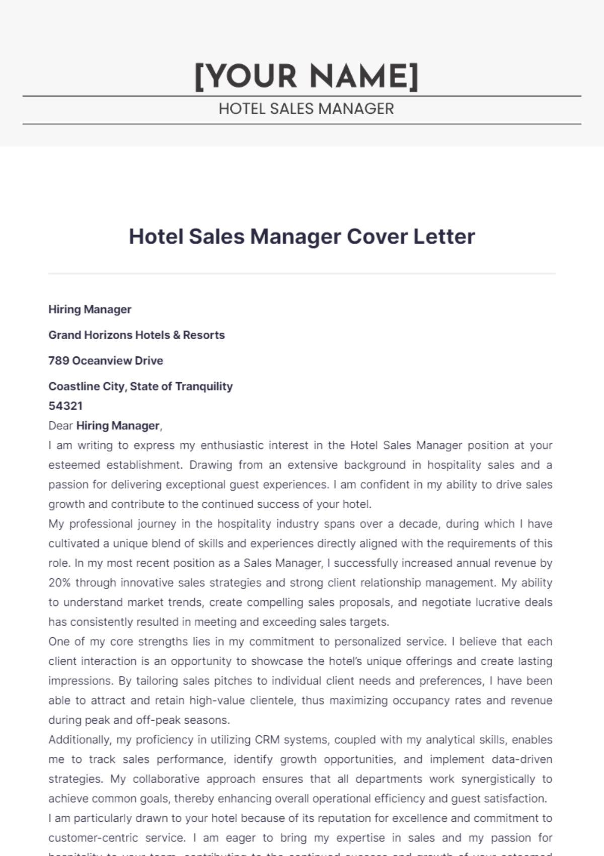 Hotel Sales Manager Cover Letter