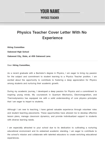Free Physics Teacher Cover Letter With No Experience to Edit Online