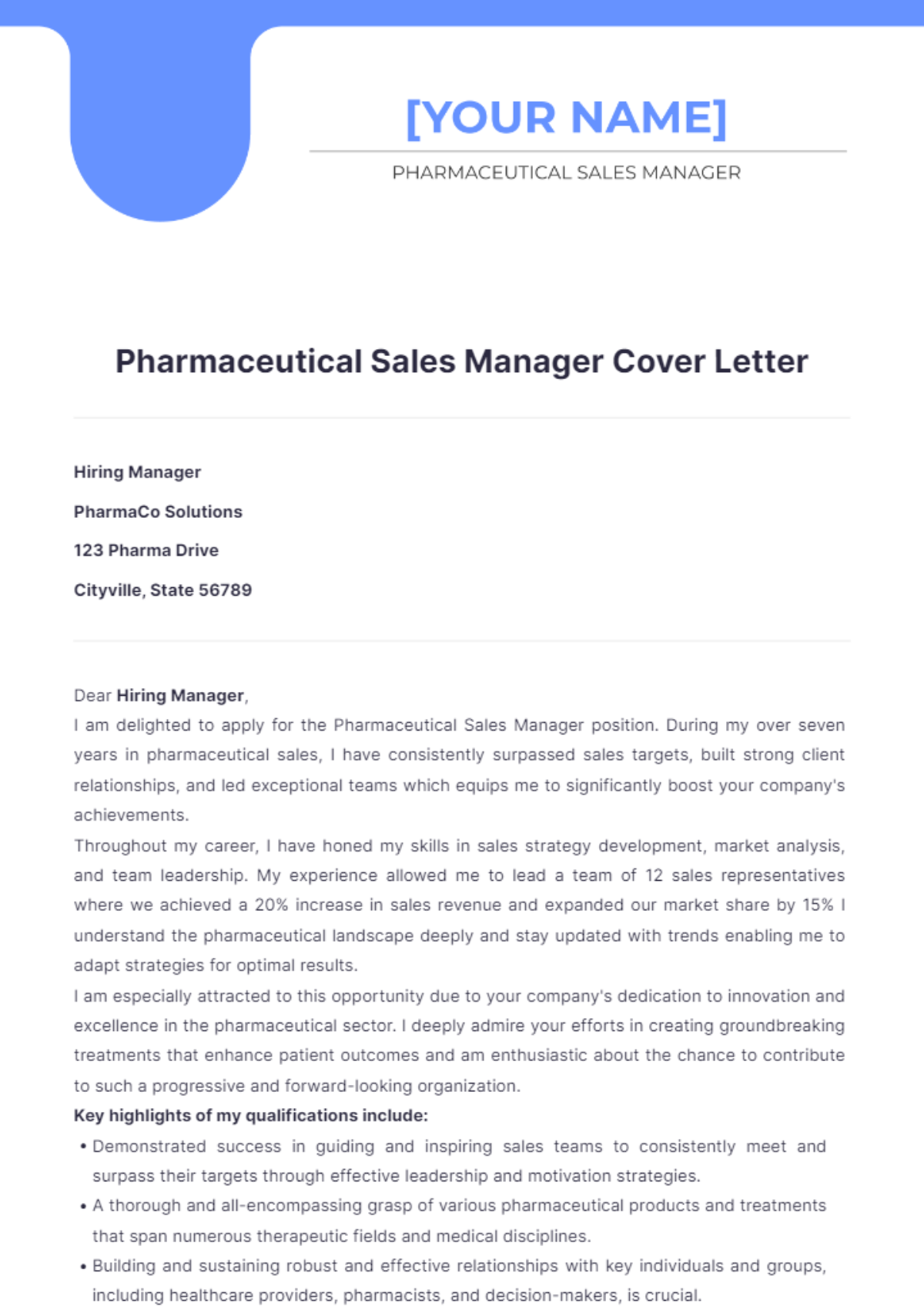 Pharmaceutical Sales Manager Cover Letter